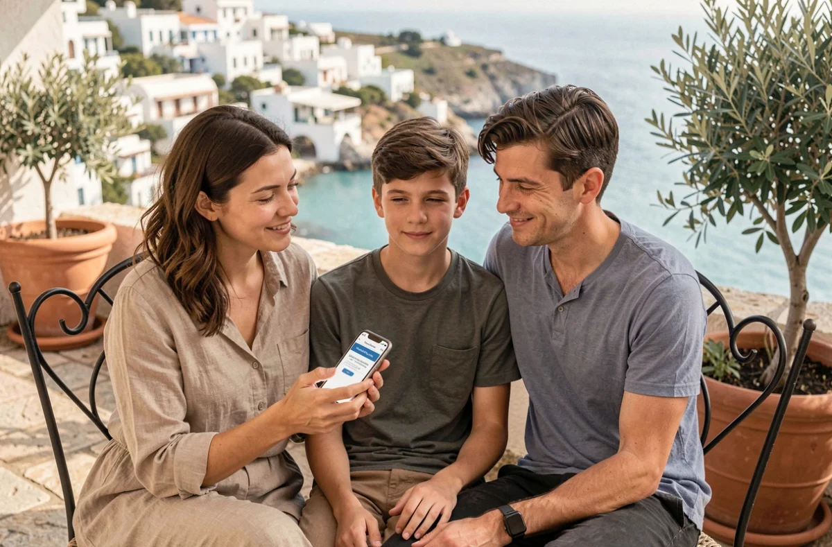 Famille consultatnt la confirmation d'assurance voyage sur smartphone depuis une terrasse d'hôtel méditerranéen