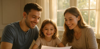 Famille souriante autour du petit déjeuner pour la planification financière