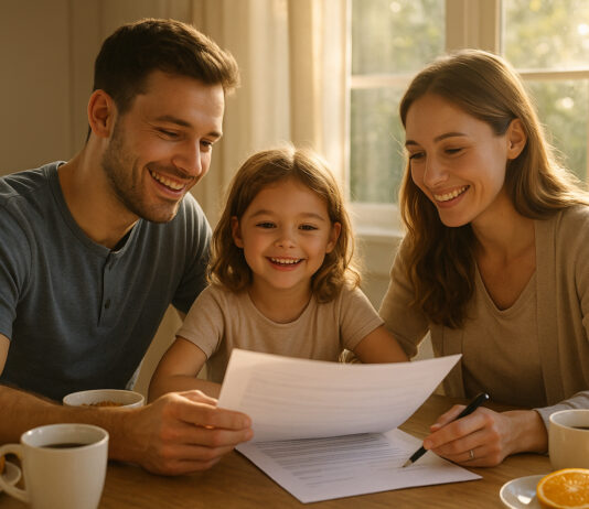 Famille souriante autour du petit déjeuner pour la planification financière