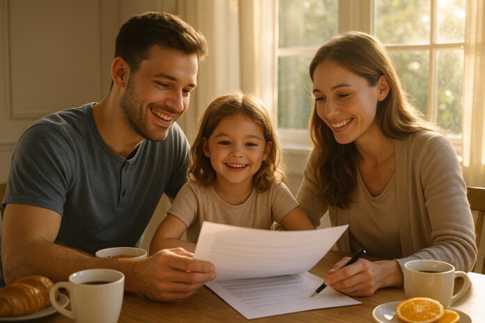 Famille souriante autour du petit déjeuner pour la planification financière