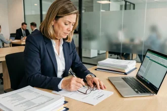 Femme d'affaires examinant un libellé de moyen de paiement sur une facture dans un bureau moderne