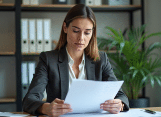 Femme d affaires en revue de documents dans un bureau moderne