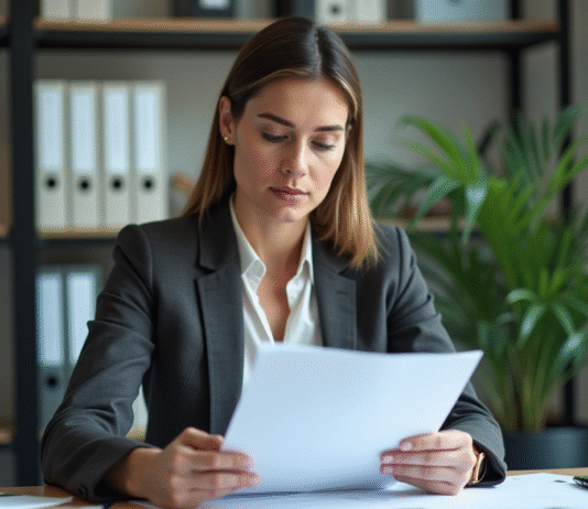 Femme d affaires en revue de documents dans un bureau moderne