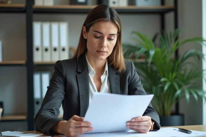 Femme d affaires en revue de documents dans un bureau moderne