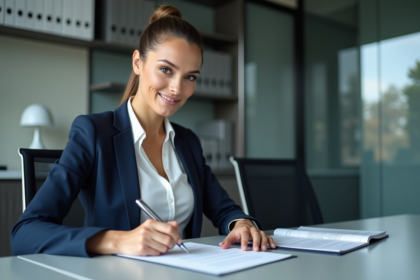 Femme d'affaires en train de signer des documents dans un bureau moderne