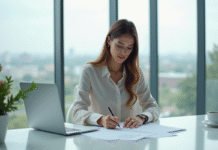 Femme d'affaires signant un contrat de prêt dans un bureau lumineux