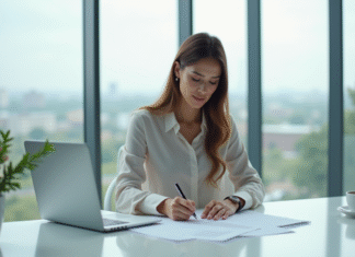 Prêt non garanti : définition et utilisation, tout ce qu’il faut savoir ! Femme d'affaires signant un contrat de prêt dans un bureau lumineux