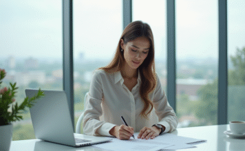 Femme d'affaires signant un contrat de prêt dans un bureau lumineux