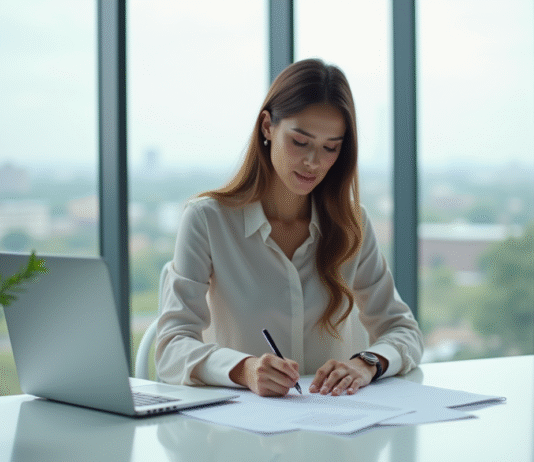 Femme d'affaires signant un contrat de prêt dans un bureau lumineux