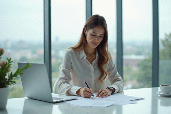 Femme d'affaires signant un contrat de prêt dans un bureau lumineux