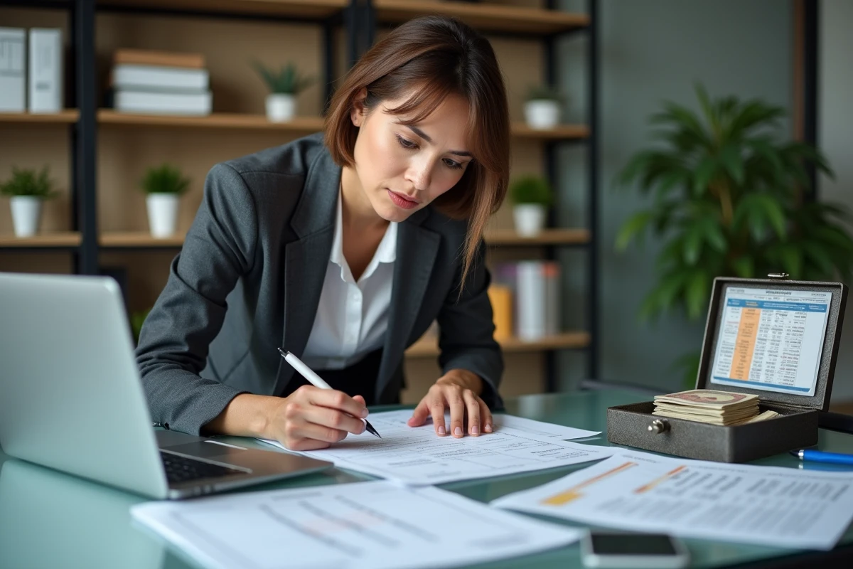 Femme d'affaires analysant des erreurs de caisse avec des documents financiers et une caisse à monnaie professionnelle