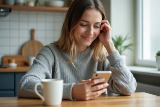 Jeune femme consultant les alertes SMS sur son smartphone depuis l'application Mon Espace Nickel dans une cuisine moderne