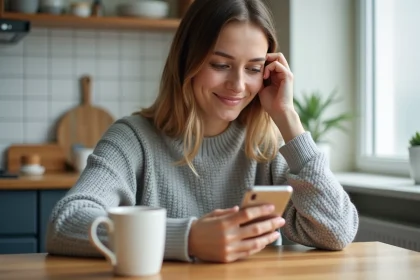 Jeune femme consultant les alertes SMS sur son smartphone depuis l'application Mon Espace Nickel dans une cuisine moderne