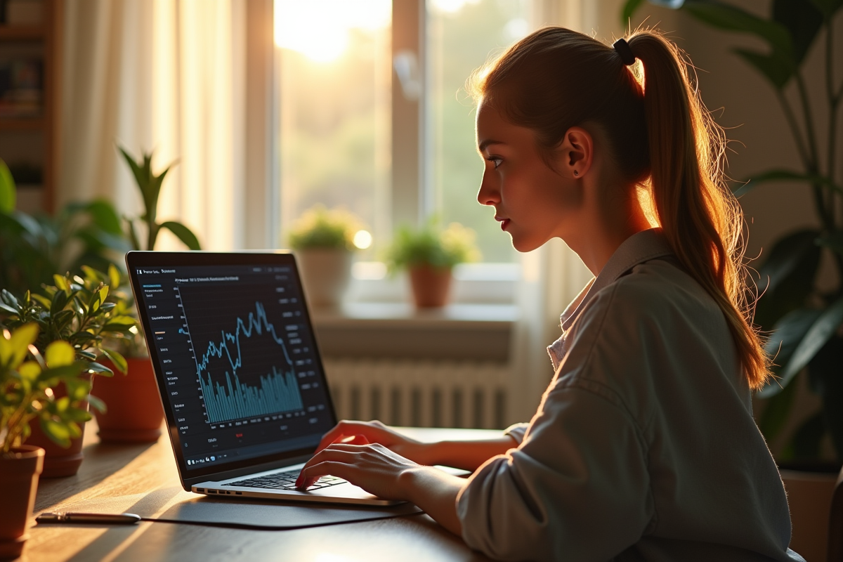 Jeune femme analysant tendances crypto dans un bureau lumineux