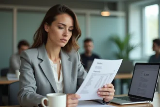 Femme cadre analysant sa fiche de paie dans un bureau moderne, illustrant le calcul du salaire net depuis 1800 euros brut