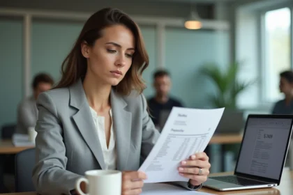 Femme cadre analysant sa fiche de paie dans un bureau moderne, illustrant le calcul du salaire net depuis 1800 euros brut
