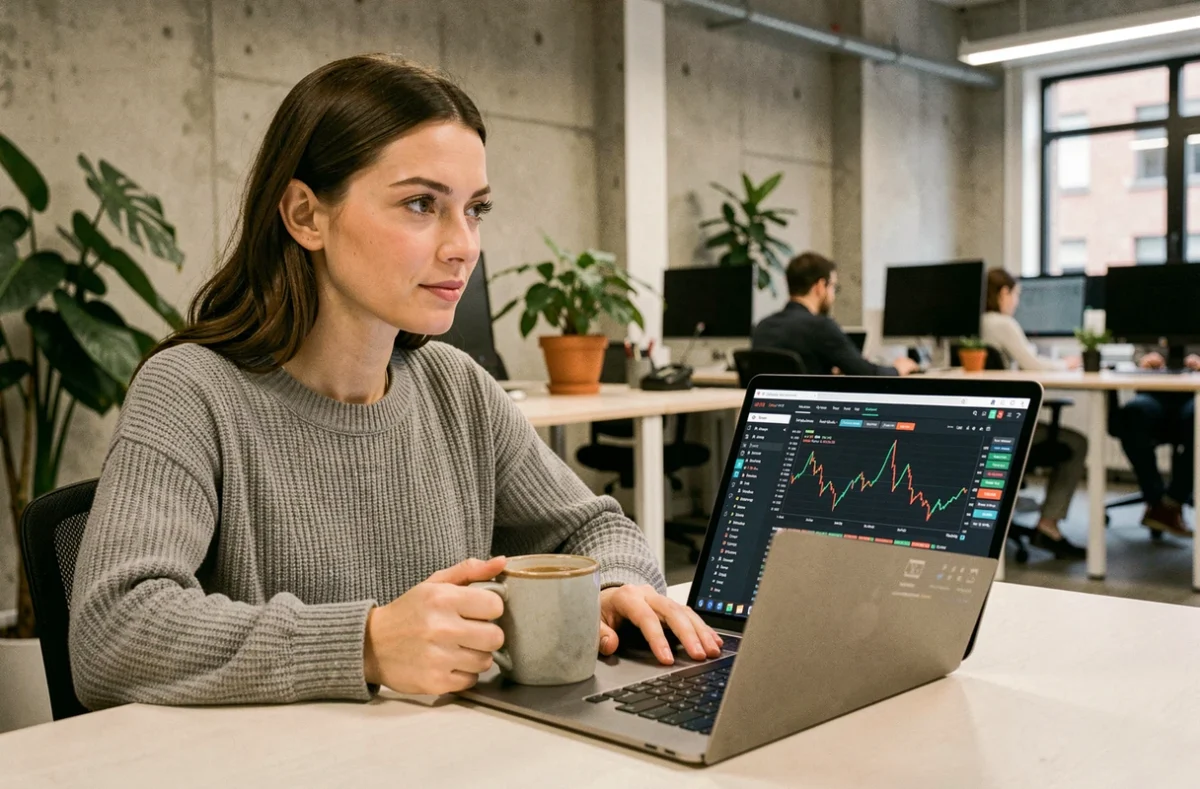 Femme analyste crypto évaluant une plateforme de trading sur ordinateur portable dans un espace de coworking moderne