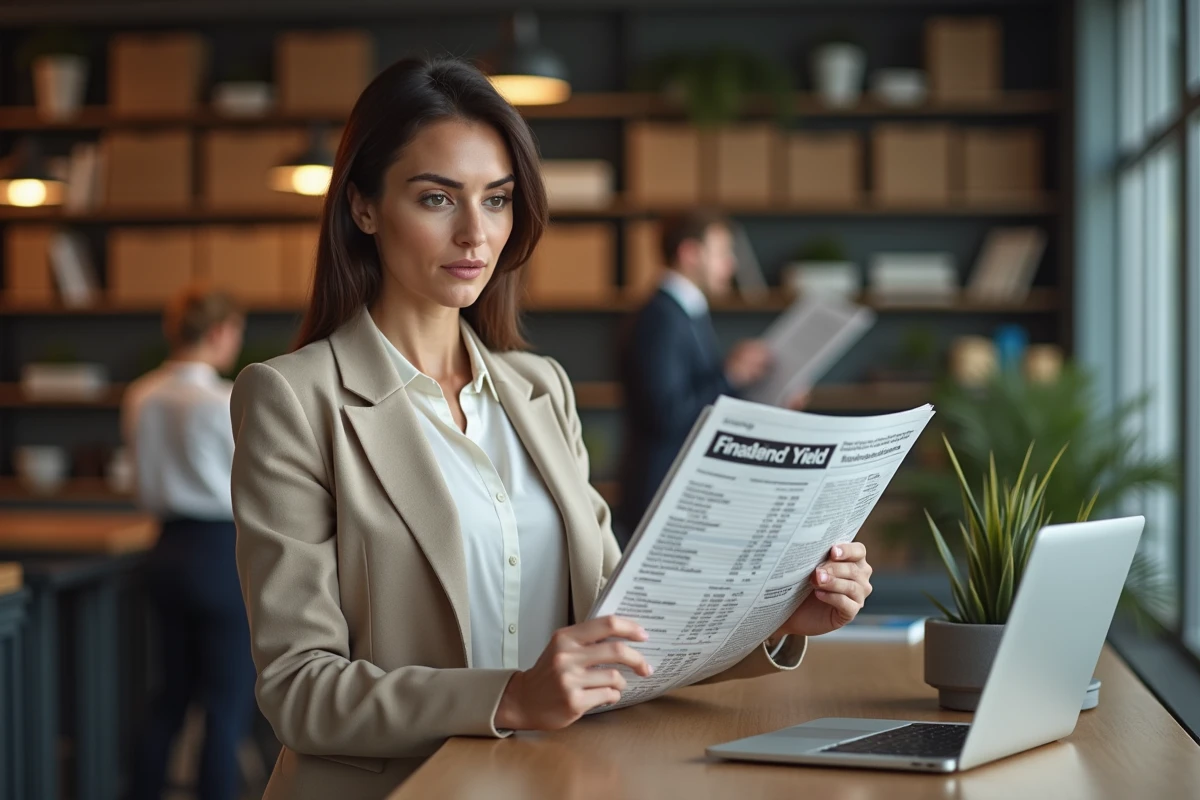 Femme analyste en tenue professionnelle comparant des données de dividendes et de PER boursiers sur ordinateur portable et journaux financiers dans un espace de coworking