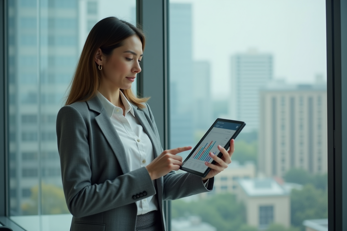 Femme professionnelle regardant une tablette avec des graphiques