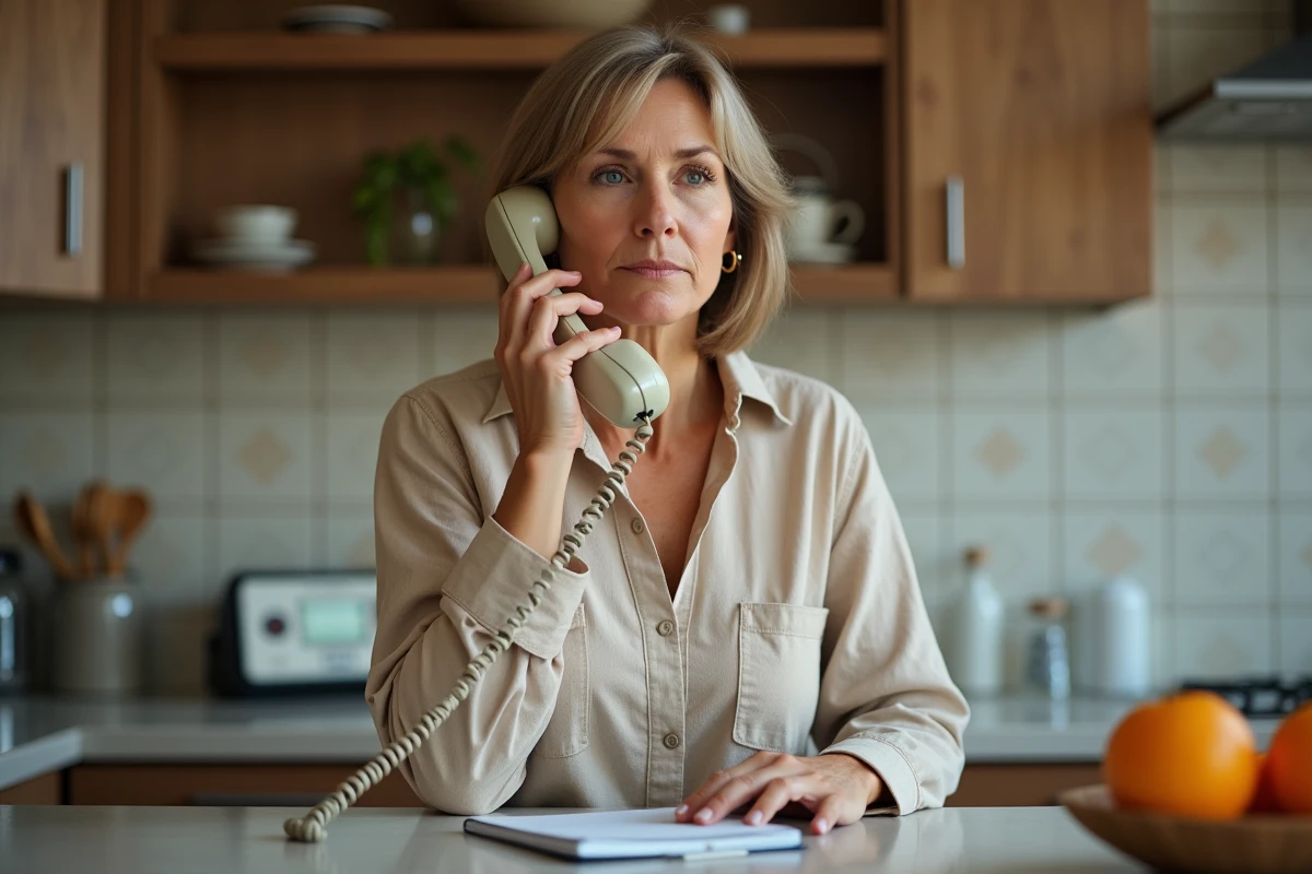 Femme téléphonant au service client Cofidis depuis chez elle en utilisant un numéro de contact alternatif