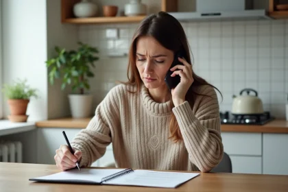 Femme au téléphone avec le service client ECA Assurance, tenant des documents d'assurance à la main dans une cuisine moderne