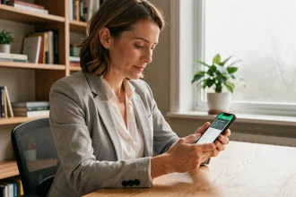 Femme consultant son application bancaire La Banque Postale sur smartphone pour augmenter son plafond de virement instantané