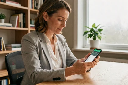 Femme consultant son application bancaire La Banque Postale sur smartphone pour augmenter son plafond de virement instantané