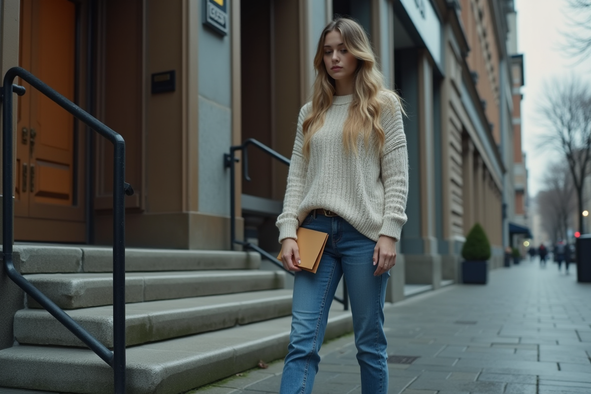 Jeune femme devant porte de banque avec envelope