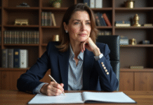 Femme en costume bleu écrivant une lettre dans un bureau professionnel