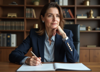 Choix de formules de politesse pour correspondre avec un notaire Femme en costume bleu écrivant une lettre dans un bureau professionnel