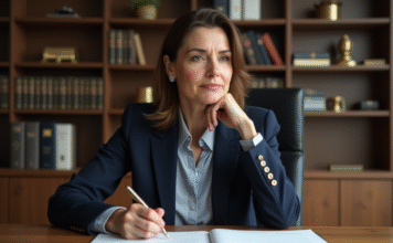 Femme en costume bleu écrivant une lettre dans un bureau professionnel