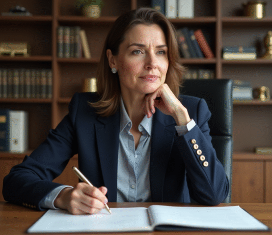 Femme en costume bleu écrivant une lettre dans un bureau professionnel