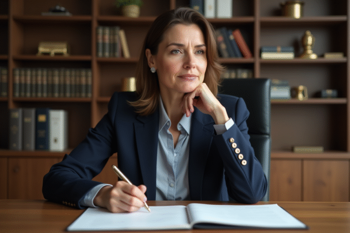femme-avocat-bureau-minimaliste Femme en costume bleu écrivant une lettre dans un bureau professionnel