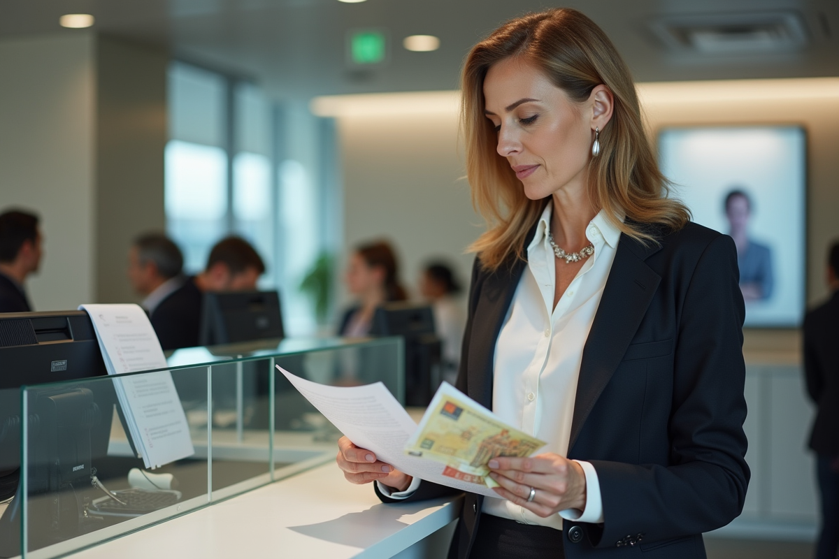 Femme d age moyen examinant des documents financiers à la banque