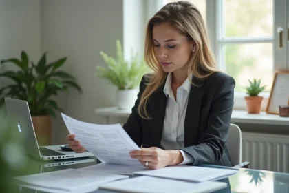 Femme d'affaires concentrée à son bureau moderne