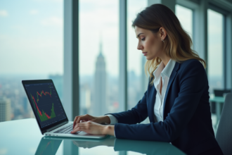 Femme confiante en bourse avec ordinateur et graphique