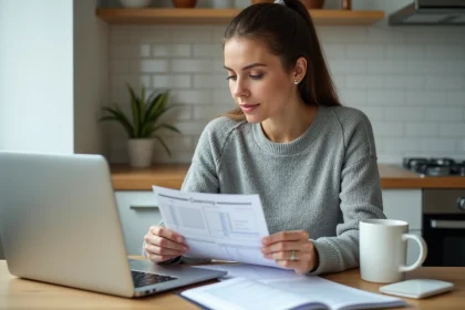 Femme calculant son budget mensuel avec un salaire de 2200 euros brut sur papier et ordinateur portable dans une cuisine moderne