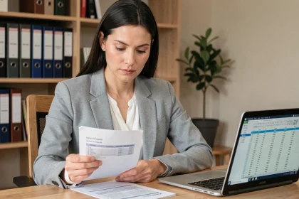 Femme consultant un bulletin de salaire et des documents fiscaux à son bureau, illustrant la conversion brut en net 2026