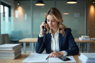 Femme professionnelle consultant des documents d'assurance et téléphonant depuis un bureau moderne pour contacter ACM IARD