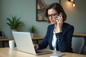 Femme d'âge moyen au bureau utilisant son smartphone