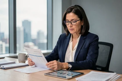 Femme cadre analysant des documents financiers et des graphiques sur tablette avant d'investir en SCPI