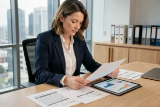 Femme cadre analysant des documents financiers liés aux SCPI dans un bureau moderne