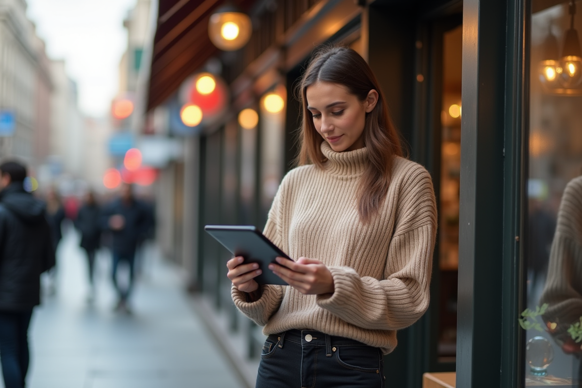 Femme vérifiant des graphiques de cryptomonnaie en extérieur