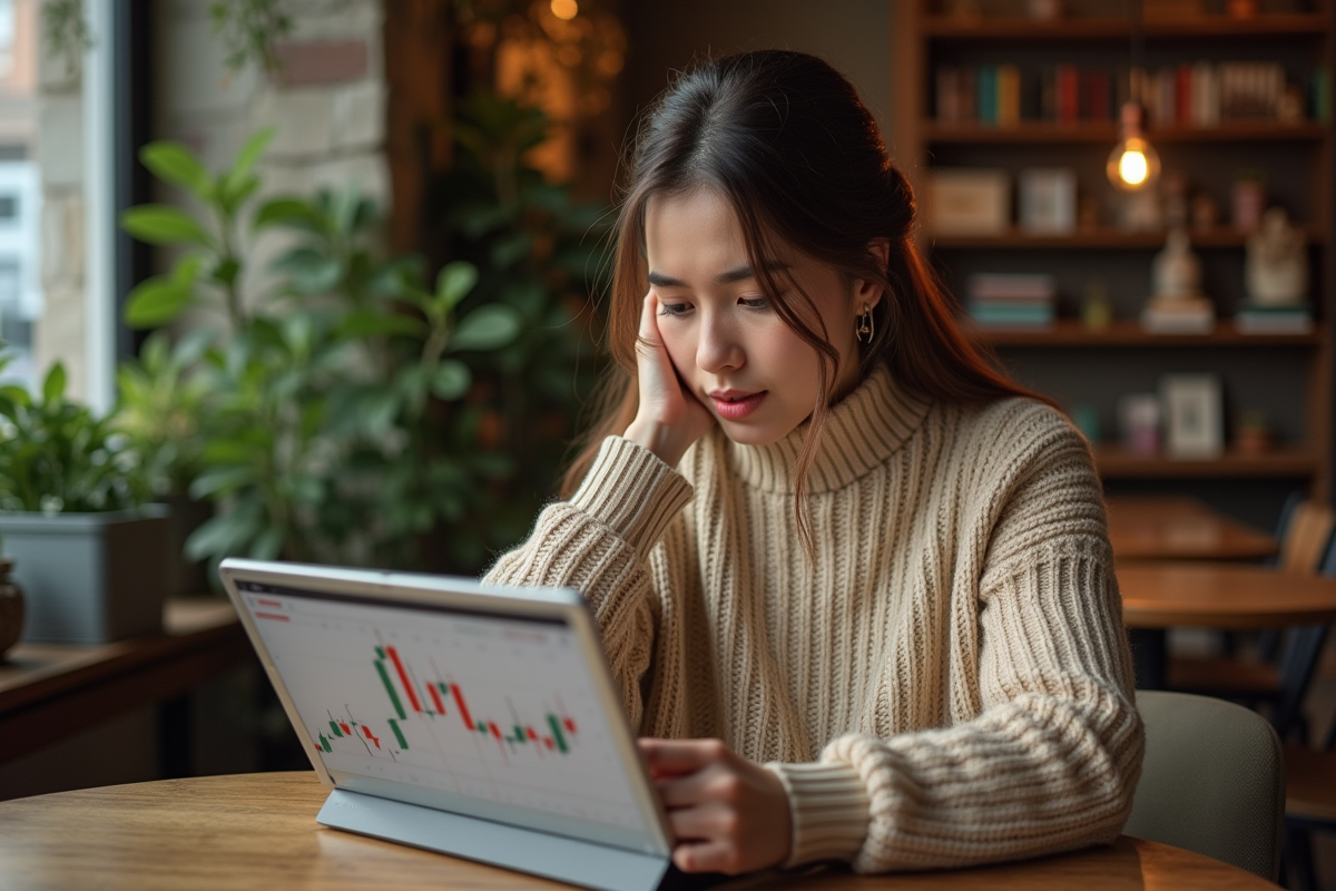 Jeune femme examinant des graphiques financiers sur une tablette dans un café