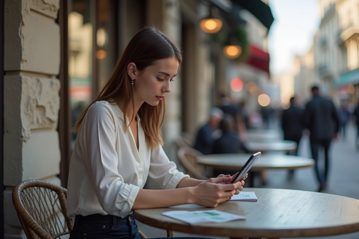 Jeune femme en tenue décontractée au café en ville