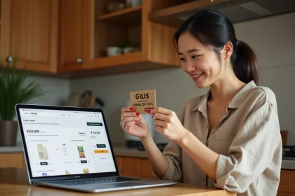 Femme utilisant une carte cadeau Kadeos Infini sur Amazon pour payer ses achats du quotidien depuis son ordinateur portable