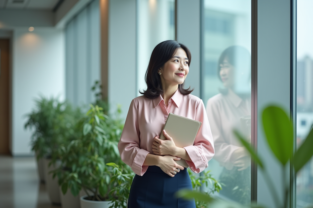 Femme chinoise regardant par la fenêtre au bureau