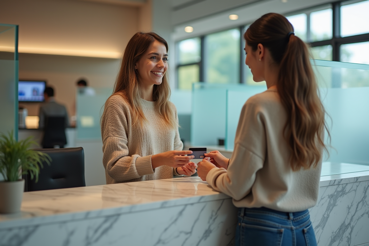 Femme remet sa carte bancaire à une caissière dans une banque