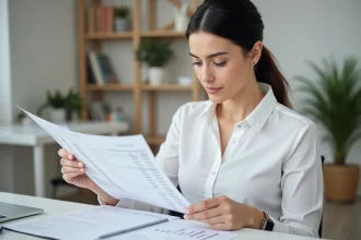 Femme comptable analysant un plan comptable imprimé sur son bureau de travail moderne