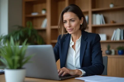 Femme tapant son identifiant La Poste Banque sur un ordinateur portable dans un bureau à domicile